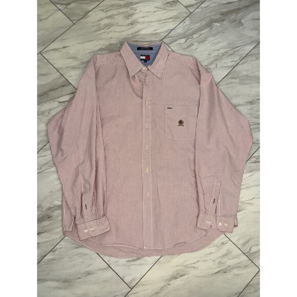 Vintage Tommy Hilfiger Shirt Men’s XL Red Cotton Chambray Button Up Long Sleeve - Picture 1 of 4